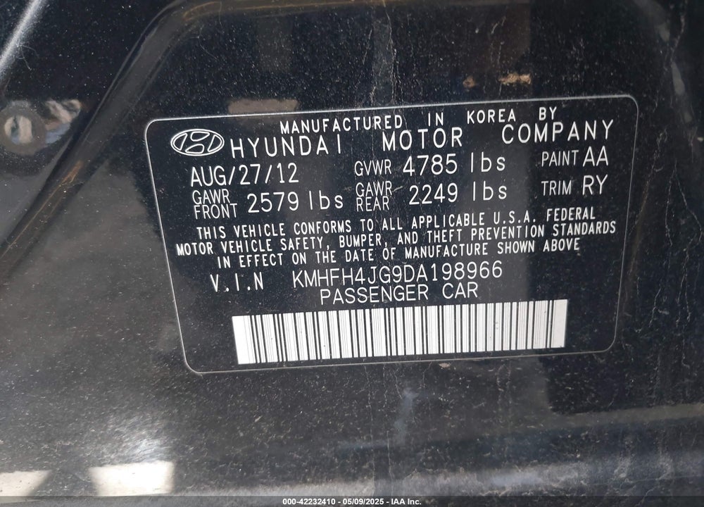 2013 HYUNDAI AZERA VIN: KMHFH4JG9DA198966