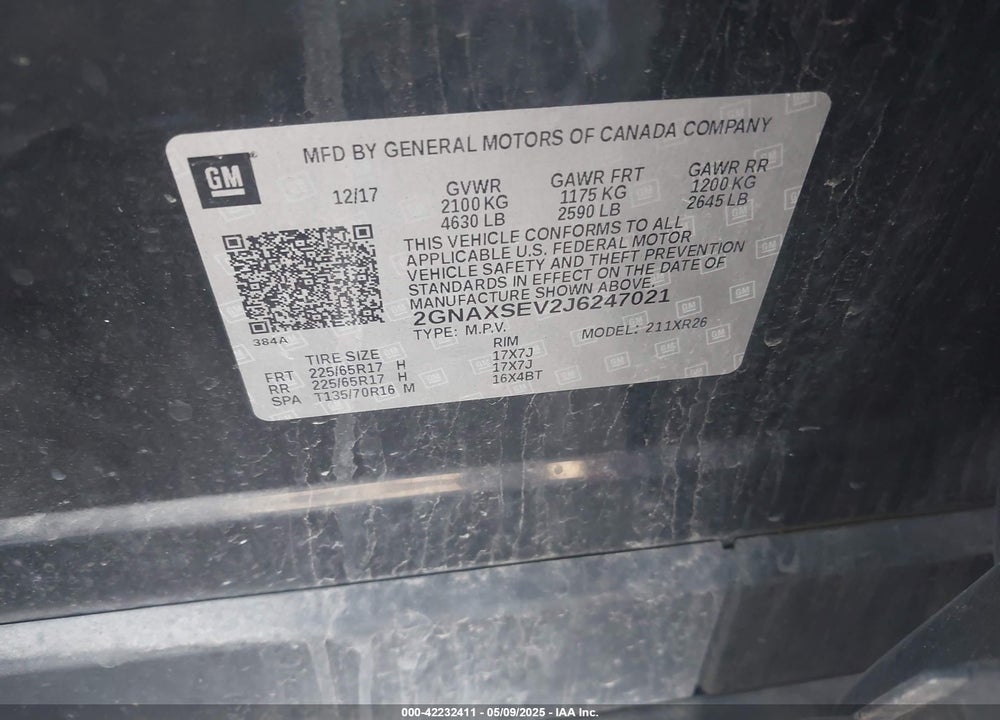 2018 CHEVROLET EQUINOX VIN: 2GNAXSEV2J6247021