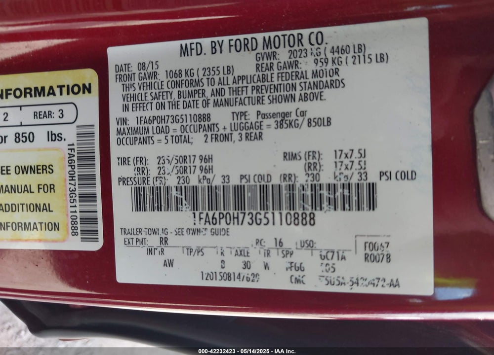 2016 FORD FUSION VIN: 1FA6P0H73G5110888