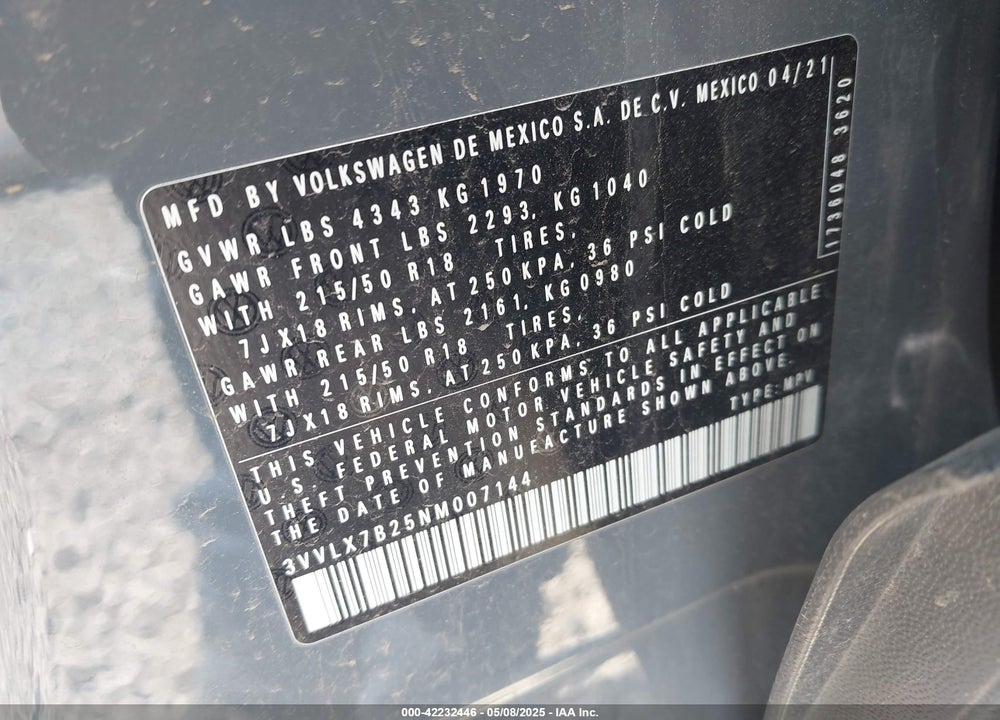 2022 VOLKSWAGEN TAOS VIN: 3VVLX7B25NM007144
