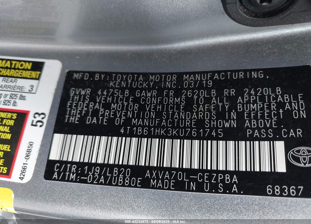 2019 TOYOTA CAMRY VIN: 4T1B61HK3KU761745