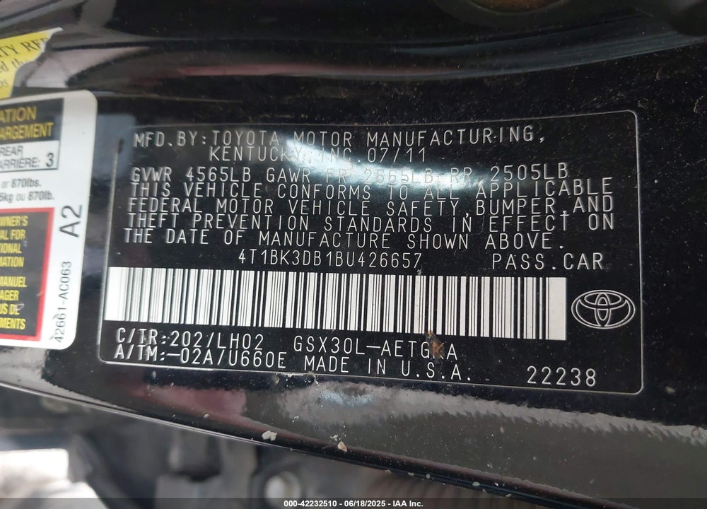 2011 TOYOTA AVALON VIN: 4T1BK3DB1BU426657