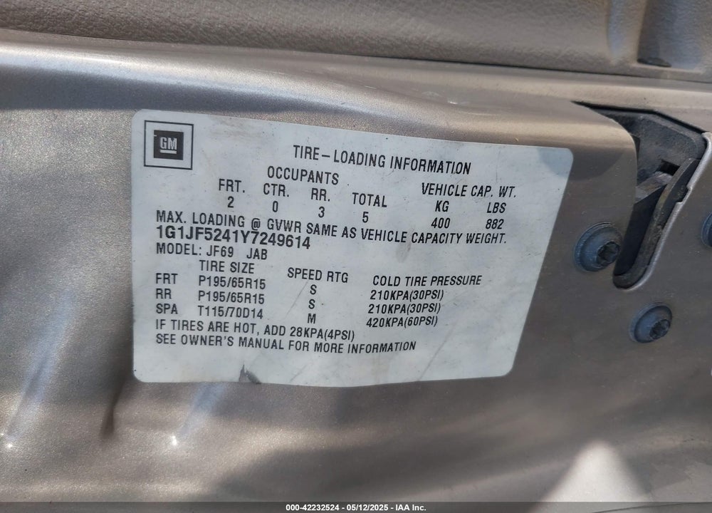 2000 CHEVROLET CAVALIER LS VIN: 1G1JF5241Y7249614