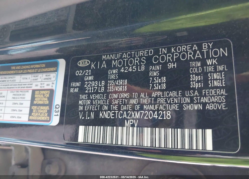 2021 KIA SELTOS VIN: KNDETCA2XM7204218