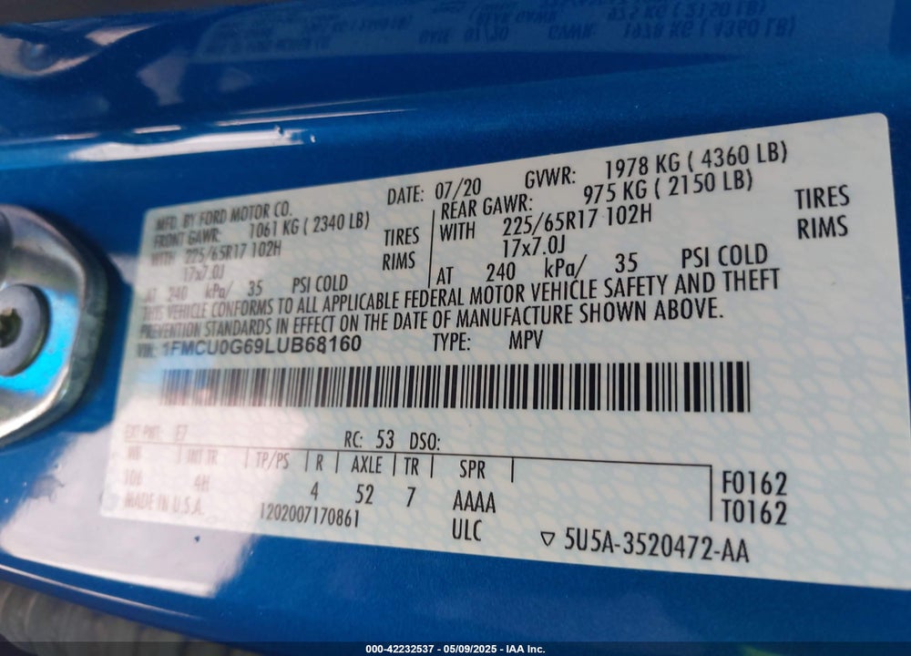 2020 FORD ESCAPE VIN: 1FMCU0G69LUB68160