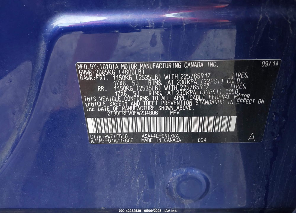 2015 TOYOTA RAV4 VIN: 2T3BFREV0FW234806