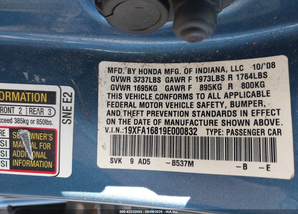 2009 HONDA CIVIC EX VIN: 19XFA16819E000832
