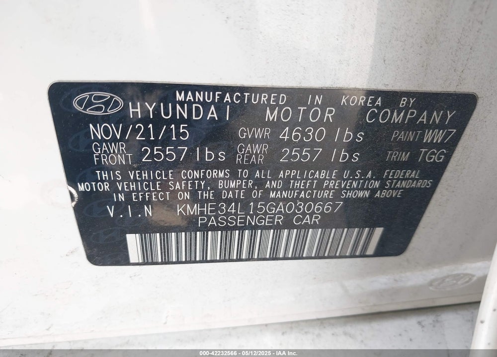 2016 HYUNDAI SONATA HYBRID VIN: KMHE34L15GA030667