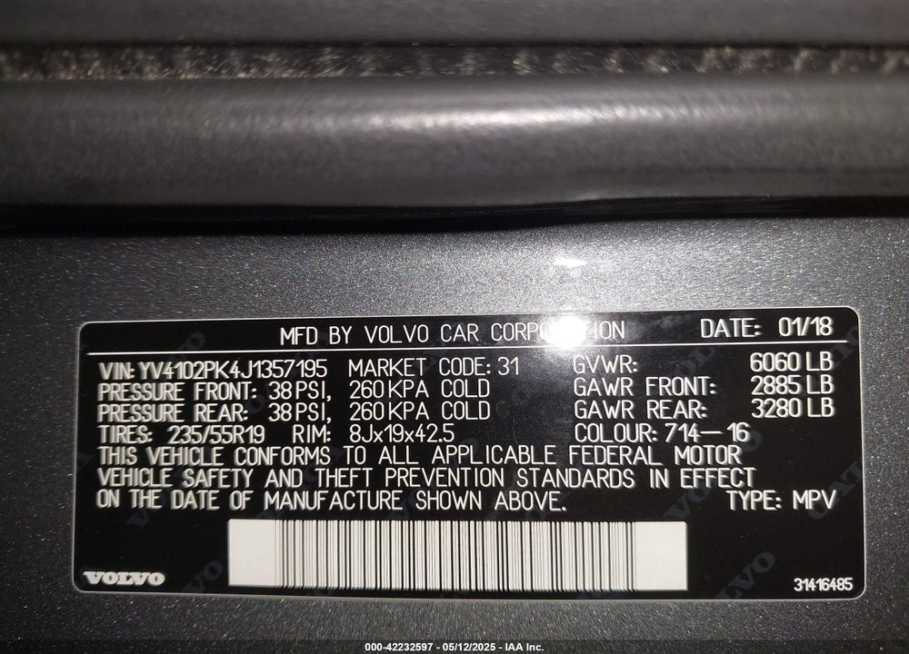 2018 VOLVO XC90 VIN: YV4102PK4J1357195