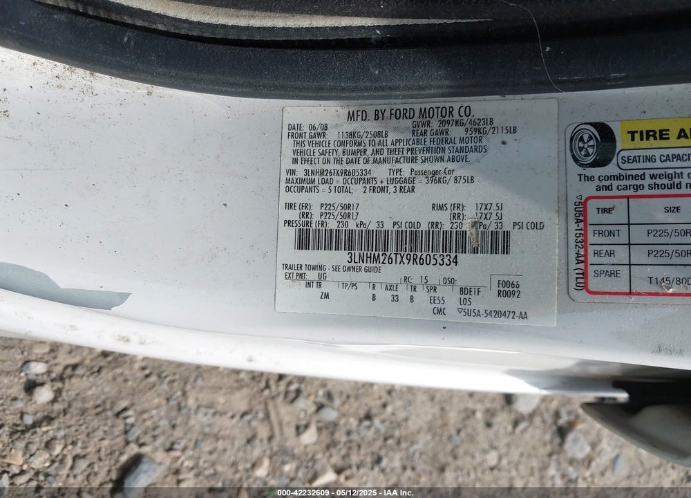 2009 LINCOLN MKZ VIN: 3LNHM26TX9R605334