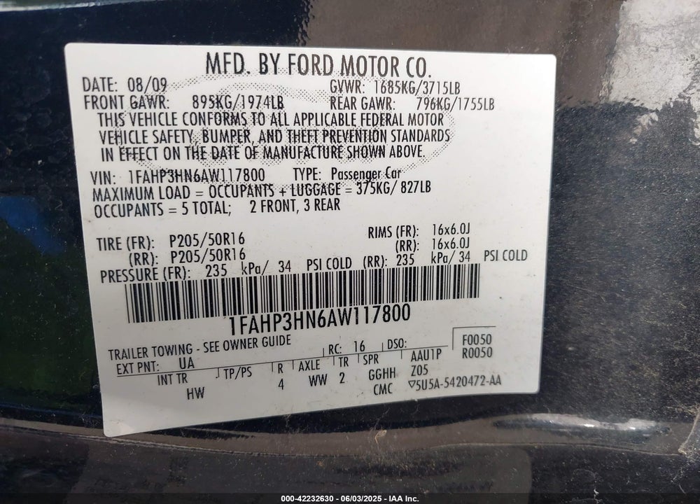 2010 FORD FOCUS VIN: 1FAHP3HN6AW117800