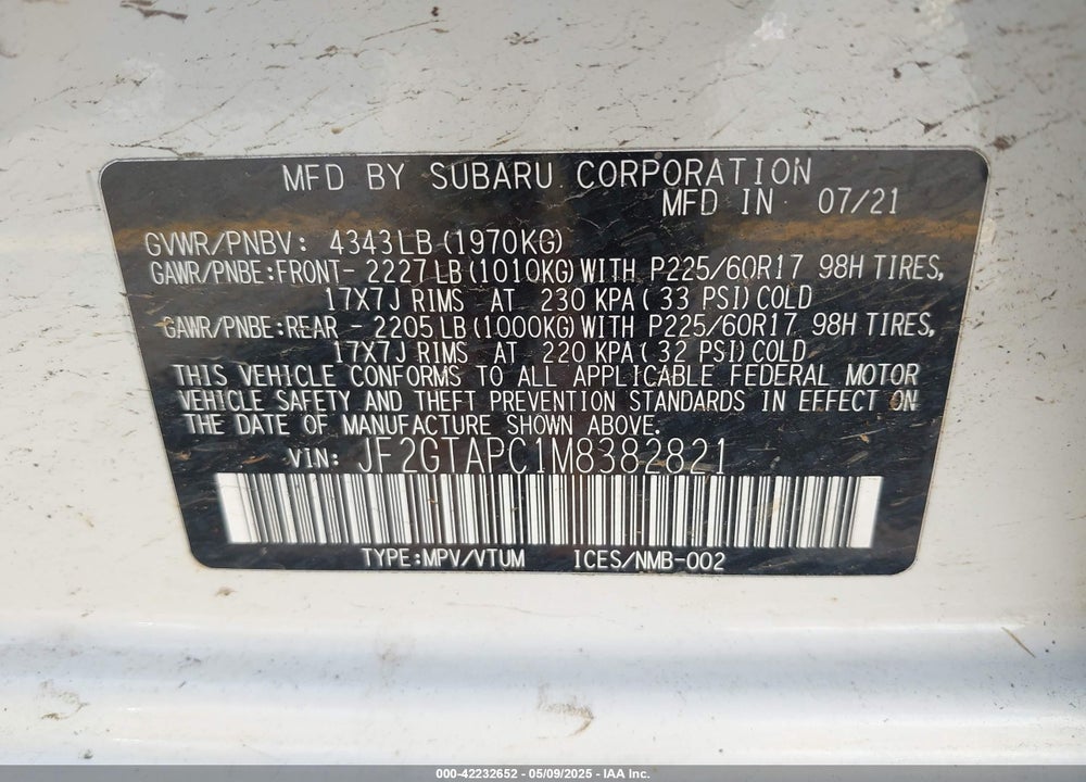2021 SUBARU CROSSTREK VIN: JF2GTAPC1M8382821