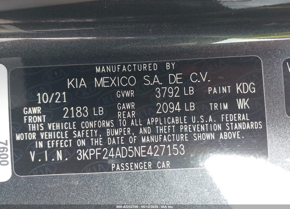 2022 KIA FORTE FE VIN: 3KPF24AD5NE427153