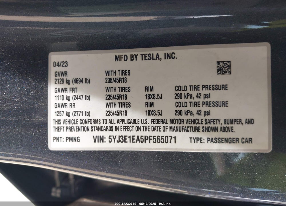 2023 TESLA MODEL 3 VIN: 5YJ3E1EA5PF565071