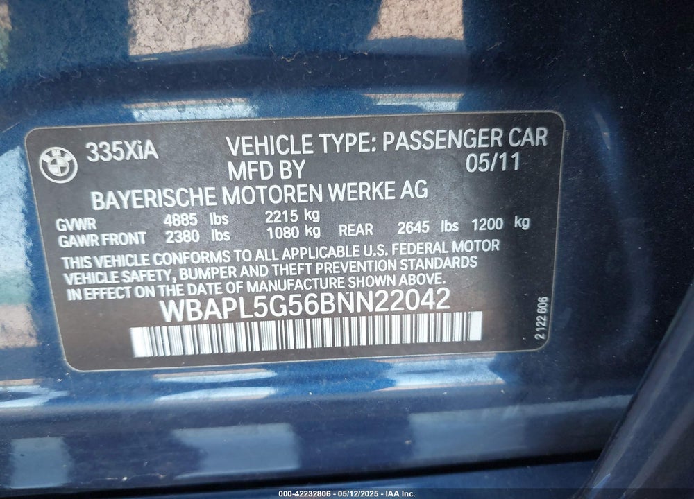 2011 BMW 335I XDRIVE VIN: WBAPL5G56BNN22042