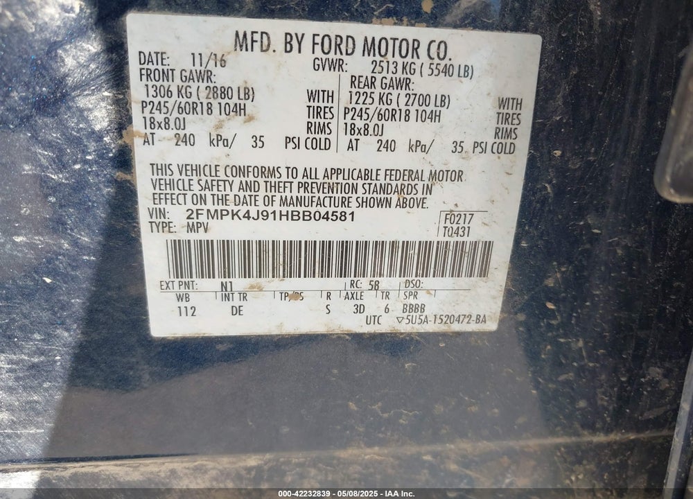 2017 FORD EDGE SEL VIN: 2FMPK4J91HBB04581