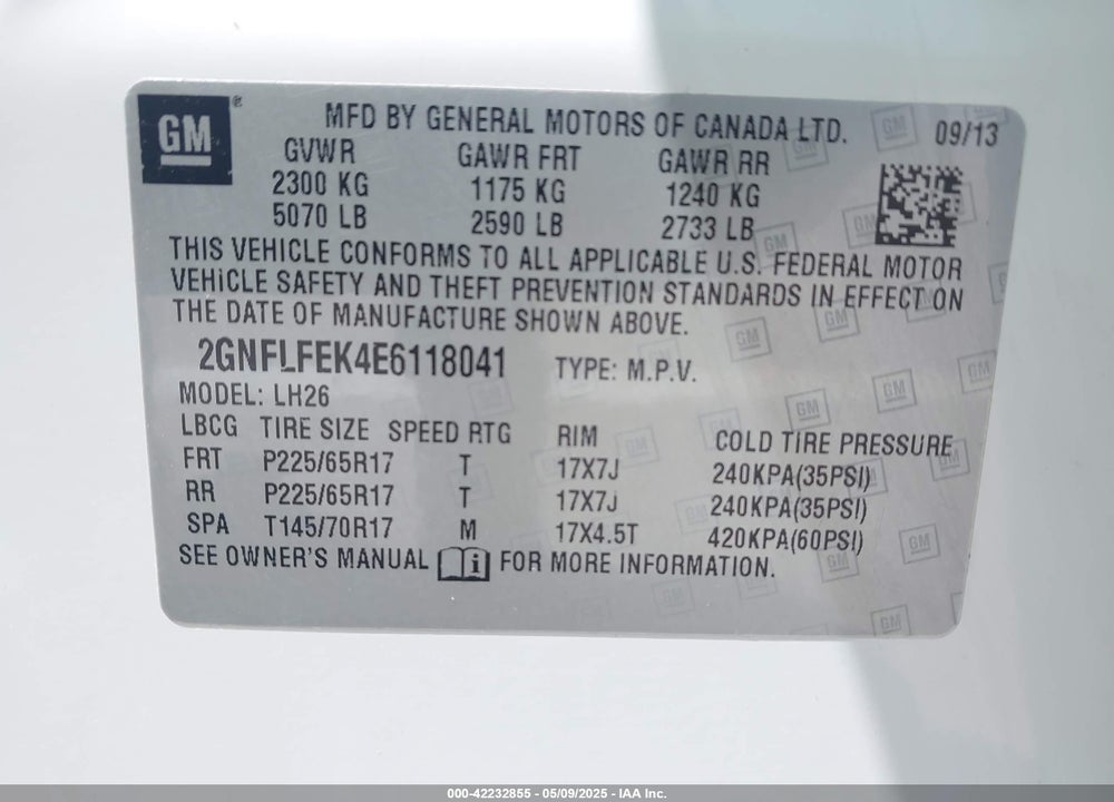 2014 CHEVROLET EQUINOX VIN: 2GNFLFEK4E6118041