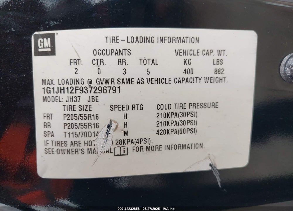 2003 CHEVROLET CAVALIER LS SPORT VIN: 1G1JH12F937296791