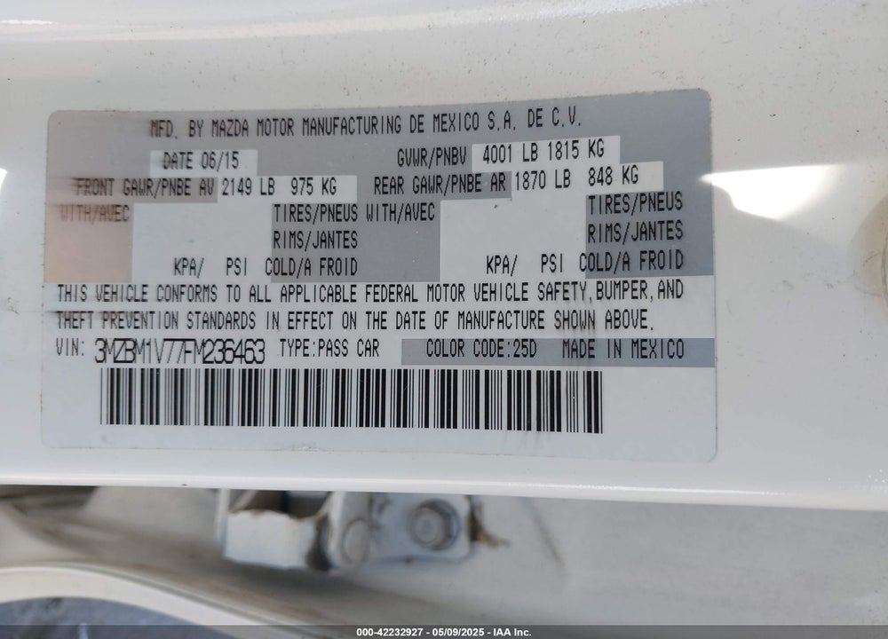 2015 MAZDA 3 I TOURING VIN: 3MZBM1V77FM236463