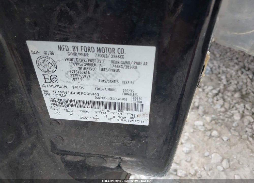 2008 FORD F-150 VIN: 1FTPW14V88FC35943