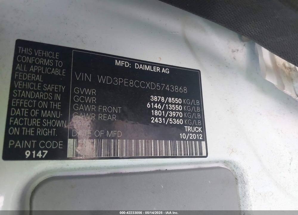 2013 MERCEDES-BENZ SPRINTER VIN: WD3PE8CCXD5743868