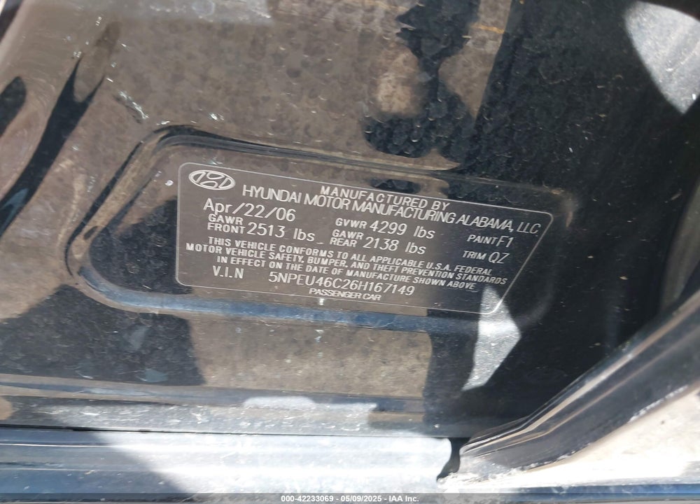 2006 HYUNDAI SONATA VIN: 5NPEU46C26H167149