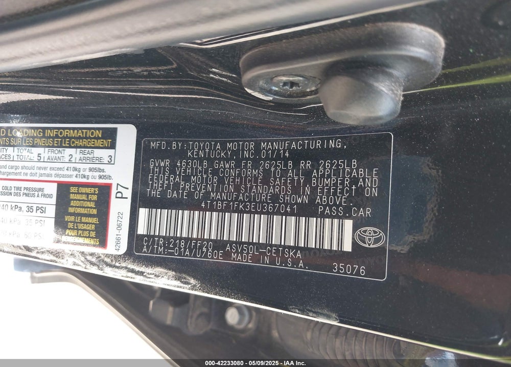 2014 TOYOTA CAMRY SE VIN: 4T1BF1FK3EU367041