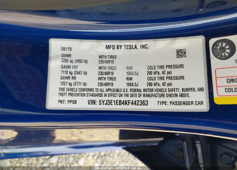 2019 TESLA MODEL 3 LONG RANGE/PERFORMANCE VIN: 5YJ3E1EB4KF442363