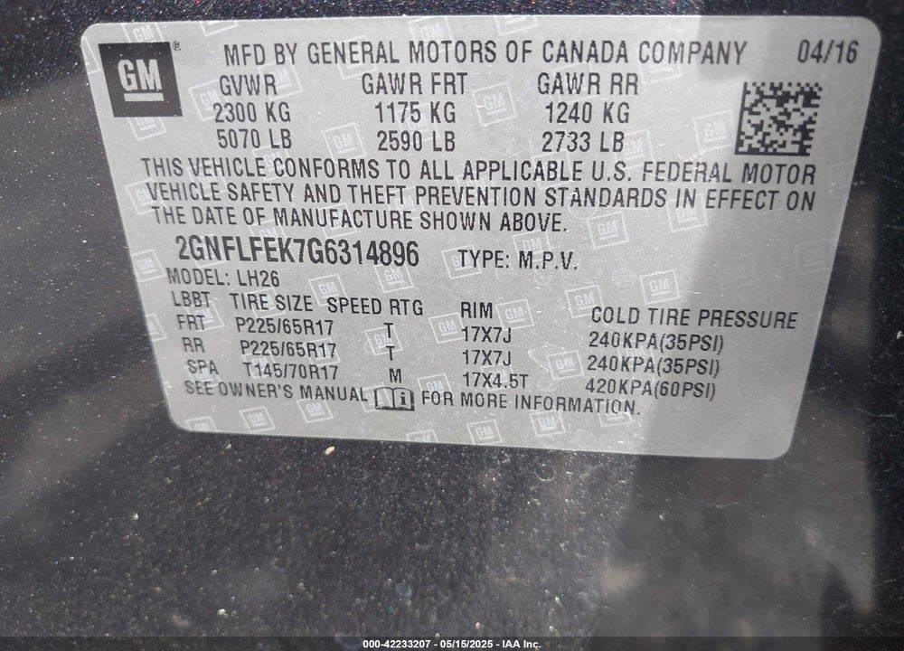 2016 CHEVROLET EQUINOX LT VIN: 2GNFLFEK7G6314896