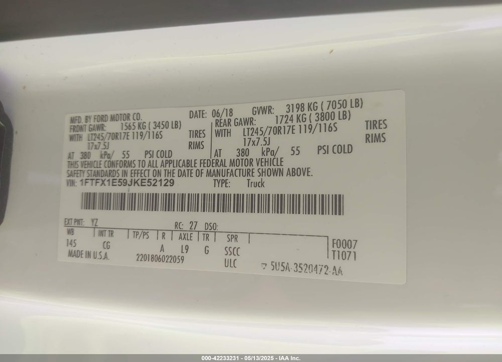 2018 FORD F-150 VIN: 1FTFX1E59JKE52129
