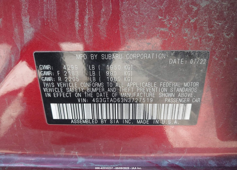 2022 SUBARU IMPREZA VIN: 4S3GTAD63N3727519