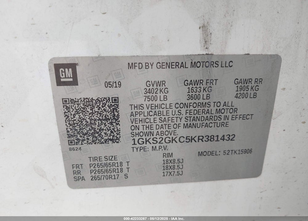 2019 GMC YUKON XL VIN: 1GKS2GKC5KR381432