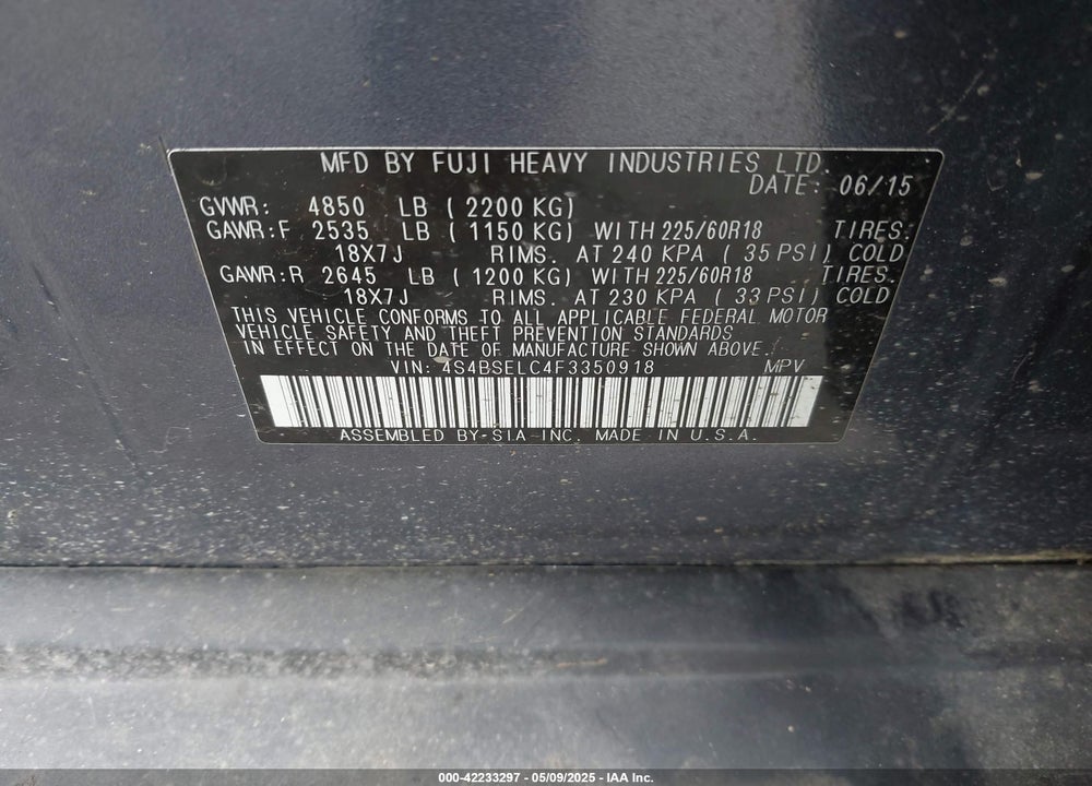 2015 SUBARU OUTBACK VIN: 4S4BSELC4F3350918