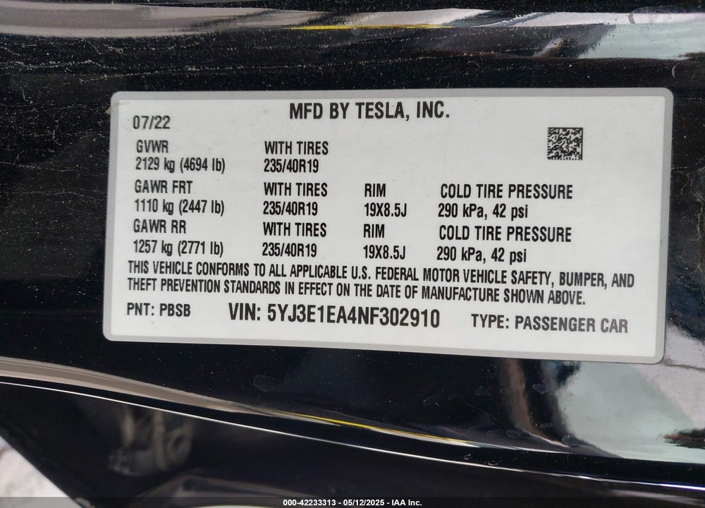 2022 TESLA MODEL 3 REAR-WHEEL DRIVE VIN: 5YJ3E1EA4NF302910
