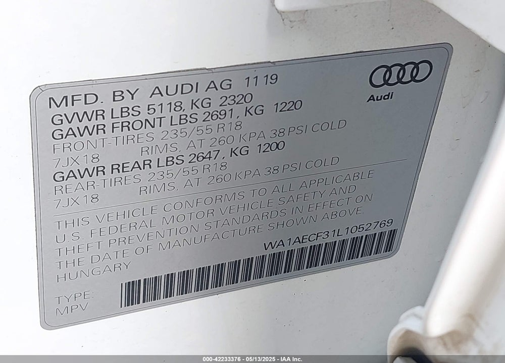 2020 AUDI Q3 VIN: WA1AECF31L1052769