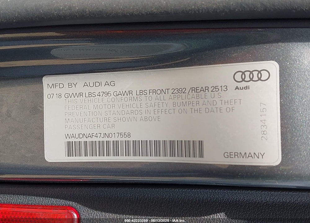 2018 AUDI A4 2.0T PREMIUM/2.0T TECH PREMIUM VIN: WAUDNAF47JN017558