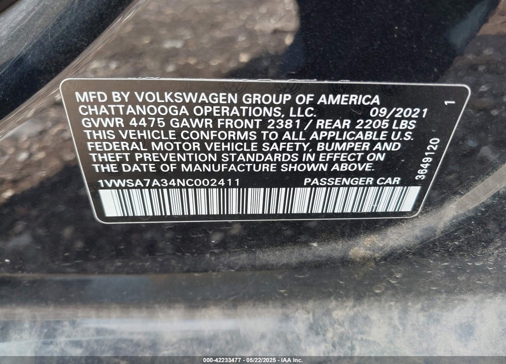 2022 VOLKSWAGEN PASSAT 2.0T SE VIN: 1VWSA7A34NC002411