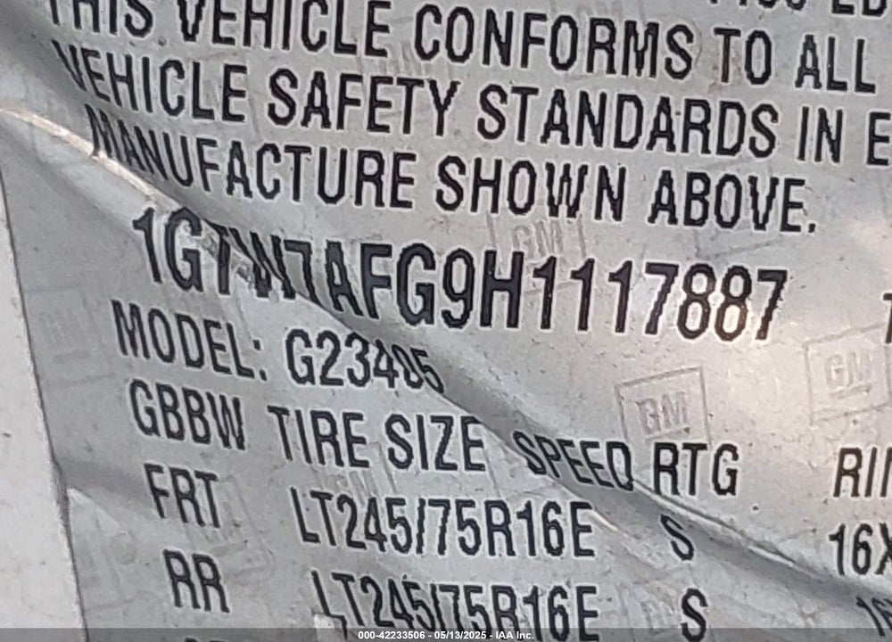 2017 GMC SAVANA 2500 VIN: 1GTW7AFG9H1117887