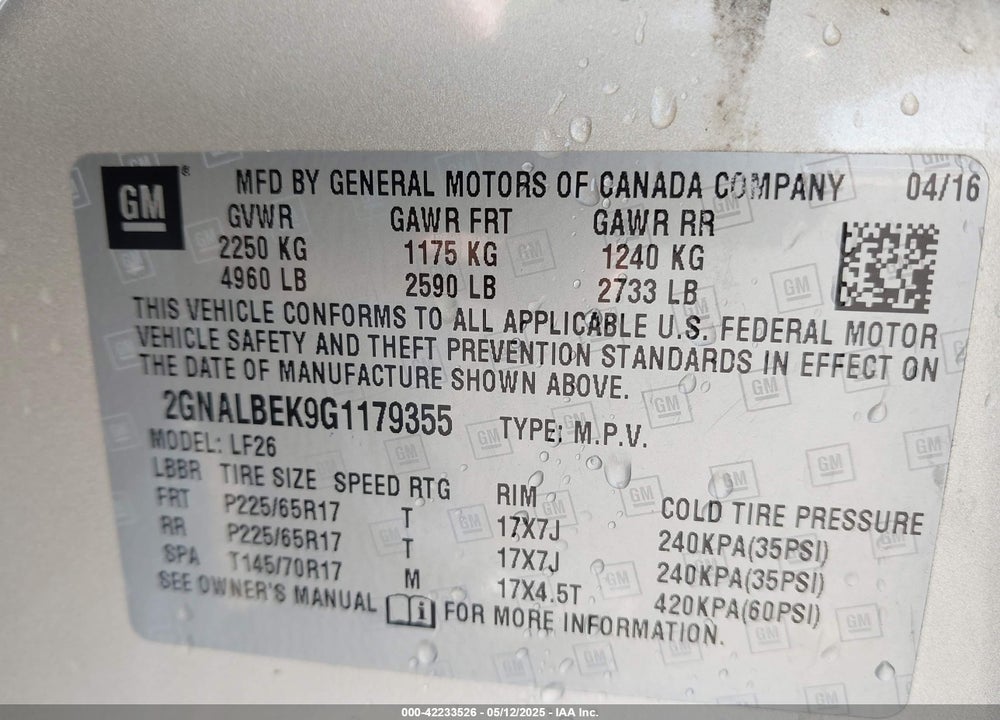 2016 CHEVROLET EQUINOX VIN: 2GNALBEK9G1179355