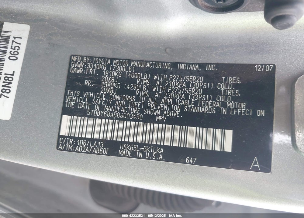 2008 TOYOTA SEQUOIA LIMITED 5.7L V8 VIN: 5TDBY68A98S003490