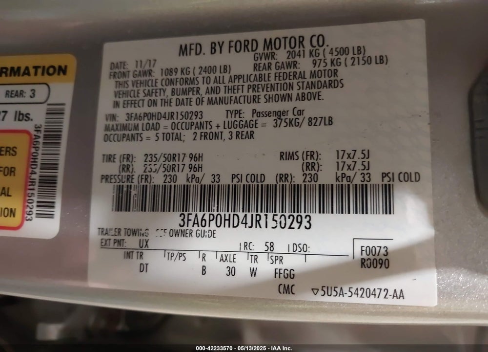 2018 FORD FUSION SE VIN: 3FA6P0HD4JR150293