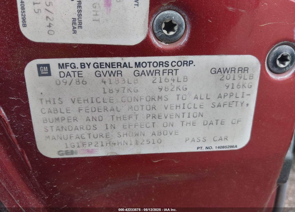 1987 CHEVROLET CAMARO VIN: 1G1FP21H4HN112510