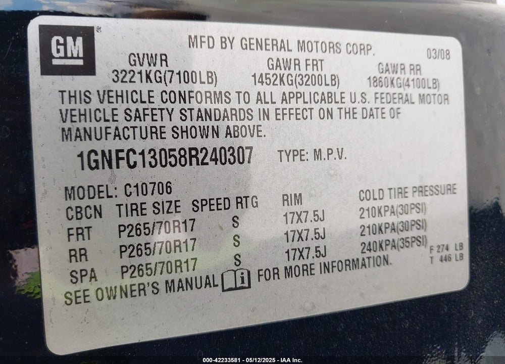 2008 CHEVROLET TAHOE LT VIN: 1GNFC13058R240307