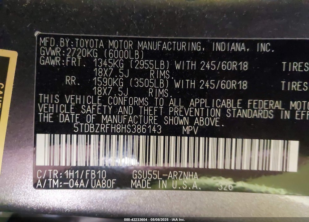 2017 TOYOTA HIGHLANDER VIN: 5TDBZRFH8HS386143