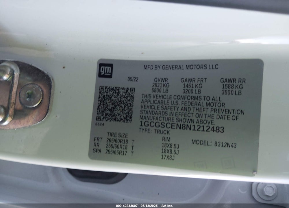2022 CHEVROLET COLORADO VIN: 1GCGSCEN8N1212483