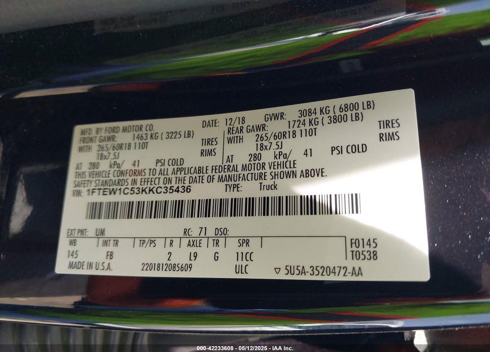 2019 FORD F150 VIN: 1FTEW1C53KKC35436