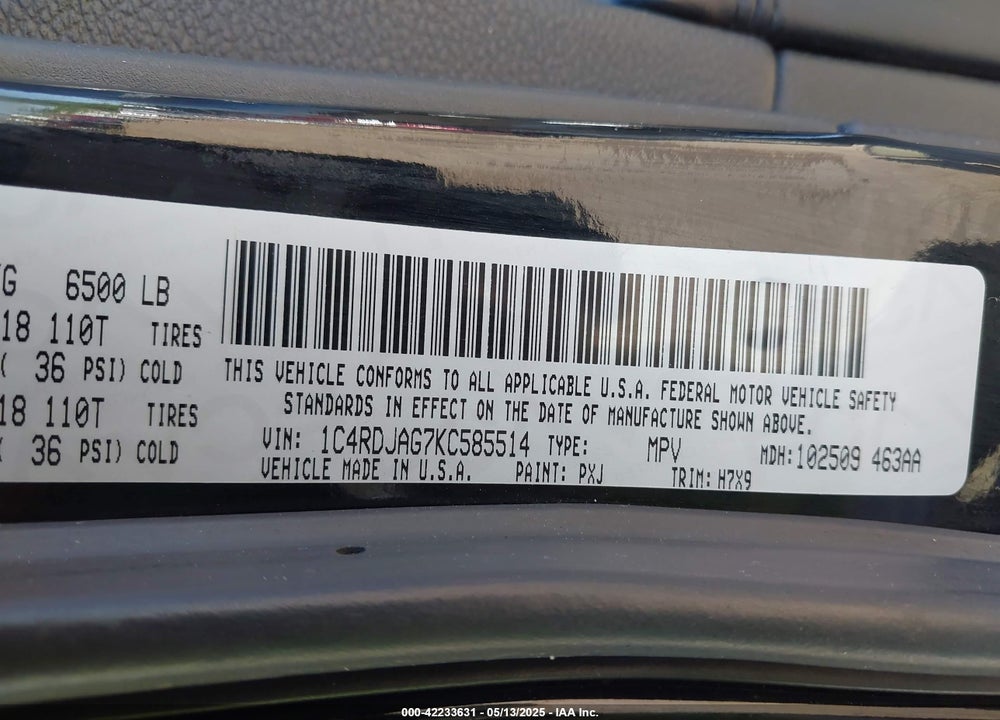 2019 DODGE DURANGO VIN: 1C4RDJAG7KC585514