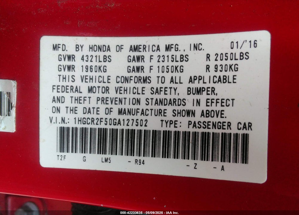 2016 HONDA ACCORD VIN: 1HGCR2F50GA127502