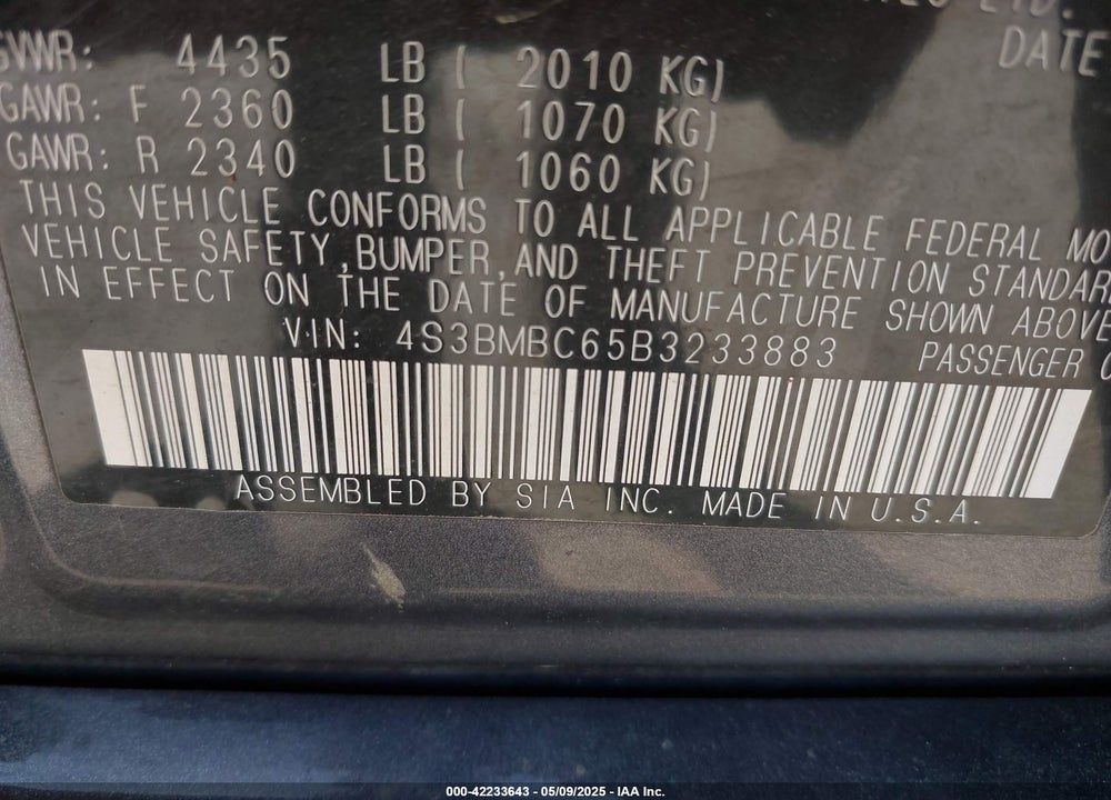 2011 SUBARU LEGACY 2.5I PREMIUM VIN: 4S3BMBC65B3233883