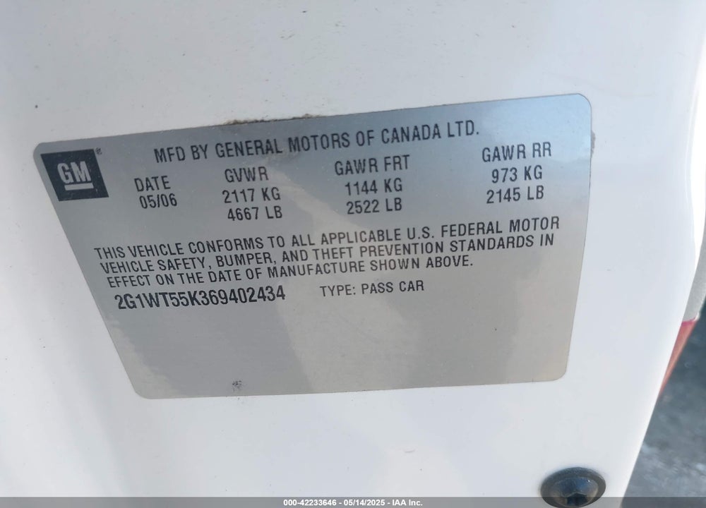 2006 CHEVROLET IMPALA VIN: 2G1WT55K369402434